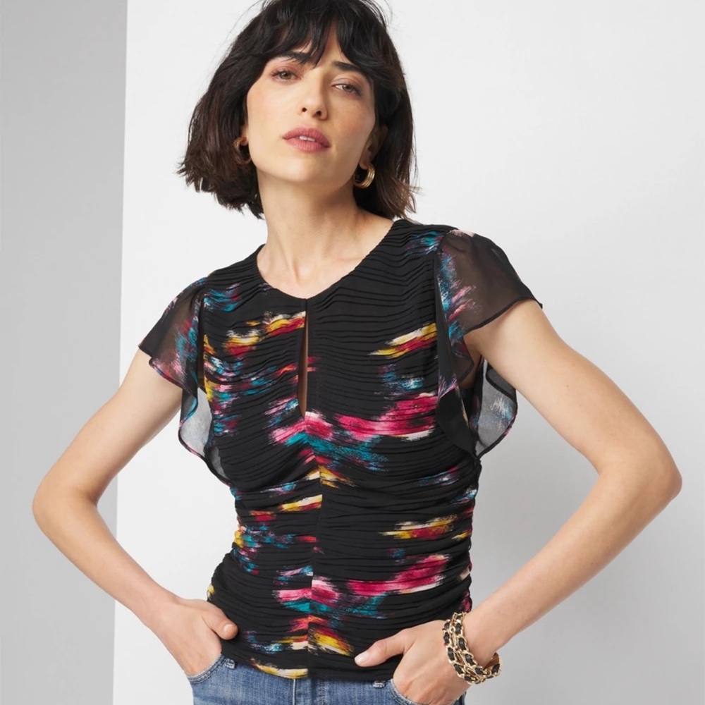 NWOT Keyhole Ruched Front Shell Top in Kasuri Floral Black WHBM sz 12